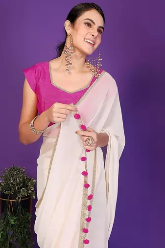 white wedding party & festive georgette solid/plain saree with blouse