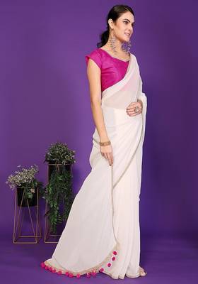 white wedding party & festive georgette solid/plain saree with blouse 3