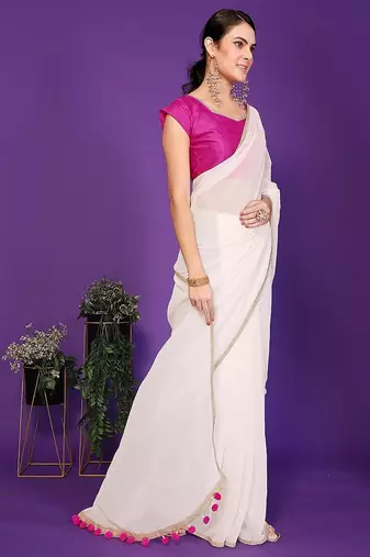 white wedding party & festive georgette solid/plain saree with blouse