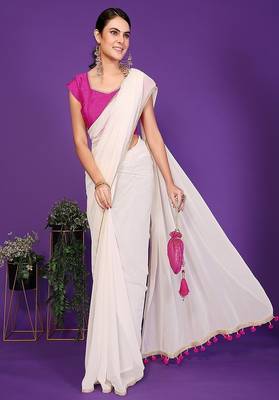 white wedding party & festive georgette solid/plain saree with blouse 4