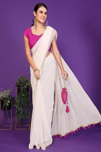 white wedding party & festive georgette solid/plain saree with blouse