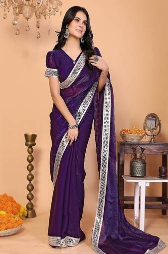 purple wedding party & festive art silk embellished saree with blouse