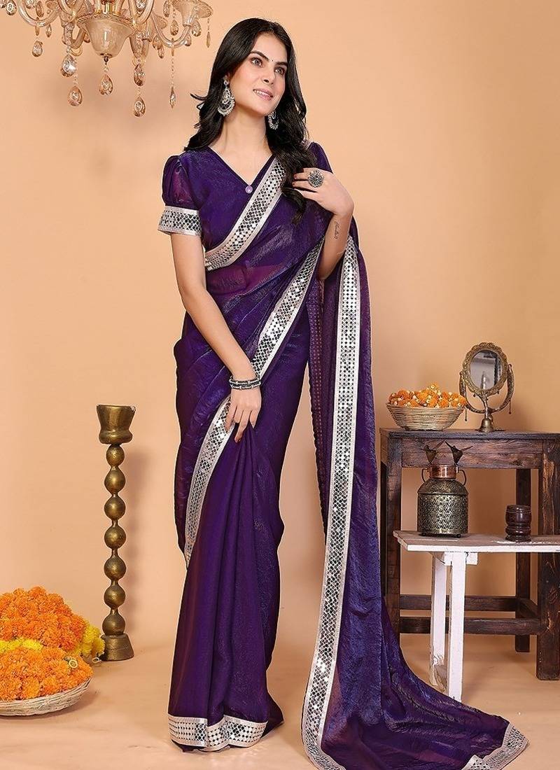 purple wedding party & festive art silk embellished saree with blouse