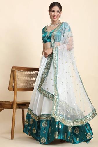 GREEN and WHITE ZARI satin silk Sequin EMBROIDERed LEHENGA CHOLI WITH BLOUSE