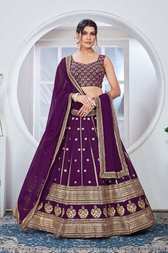 WINE sequin work GEORGETTE LEHENGA CHOLI WITH BLOUSE