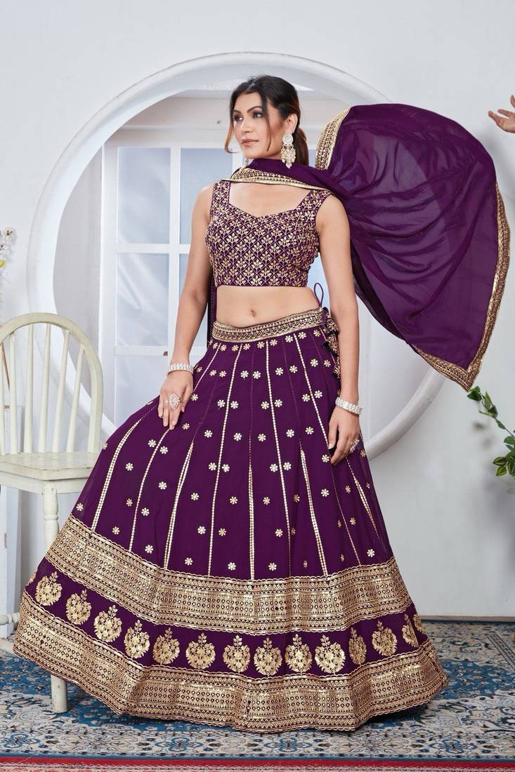 WINE sequin work GEORGETTE LEHENGA CHOLI WITH BLOUSE