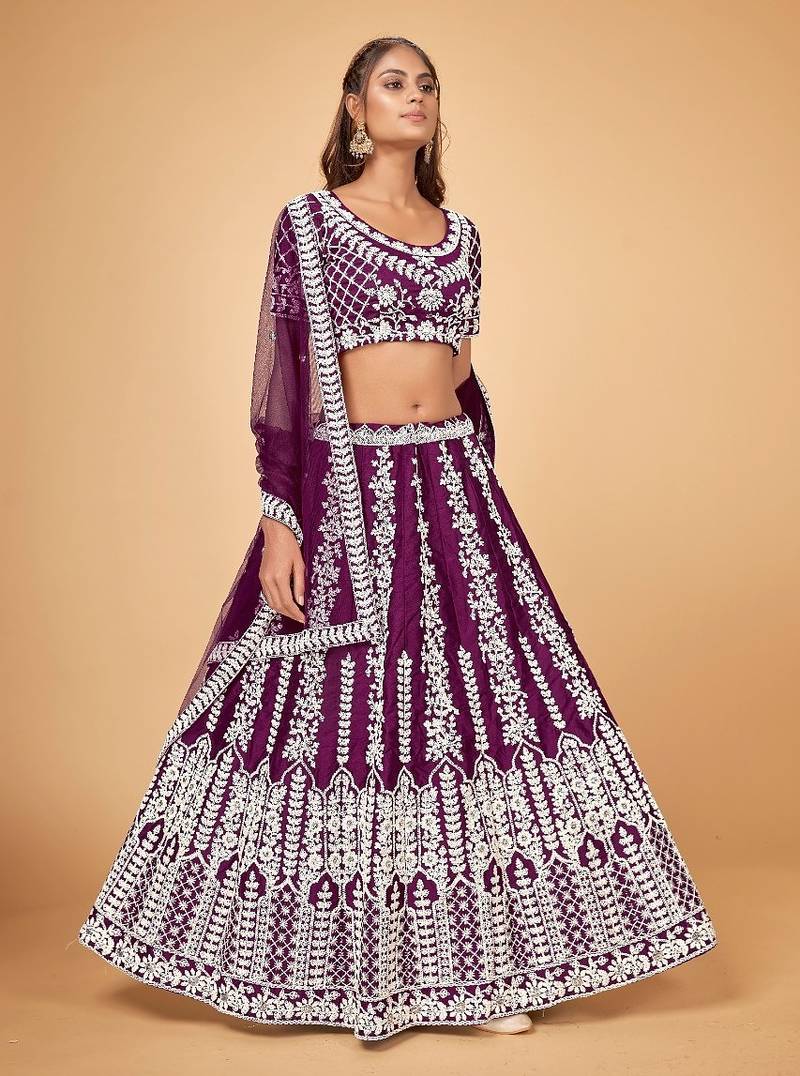 WINE  CHINON SILK LUCKNOVI LEHENGA CHOLI WITH CORDING and  SEQUins work