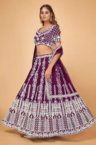 WINE CHINON SILK LUCKNOVI LEHENGA CHOLI WITH CORDING and SEQUins work