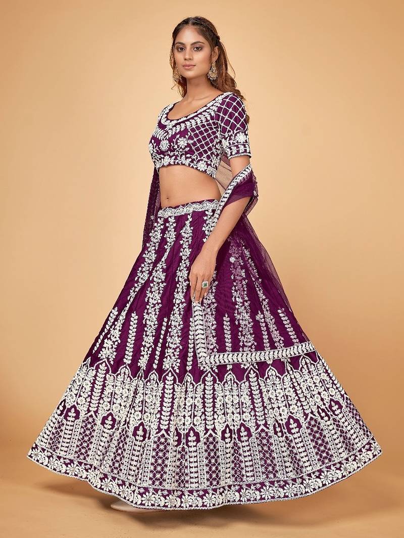 WINE  CHINON SILK LUCKNOVI LEHENGA CHOLI WITH CORDING and  SEQUins work
