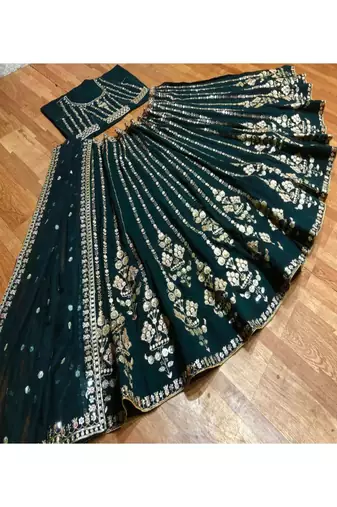DARK GREEN ZARI-BADLA EMBROIDERY GEORGETTE LEHENGA WITH BLOUSE