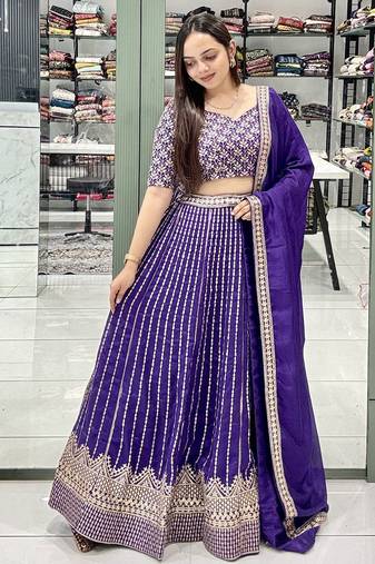 PURPLE SEQUin EMBROIDERY GEORGETTE LEHENGA CHOLI WITH BLOUSE