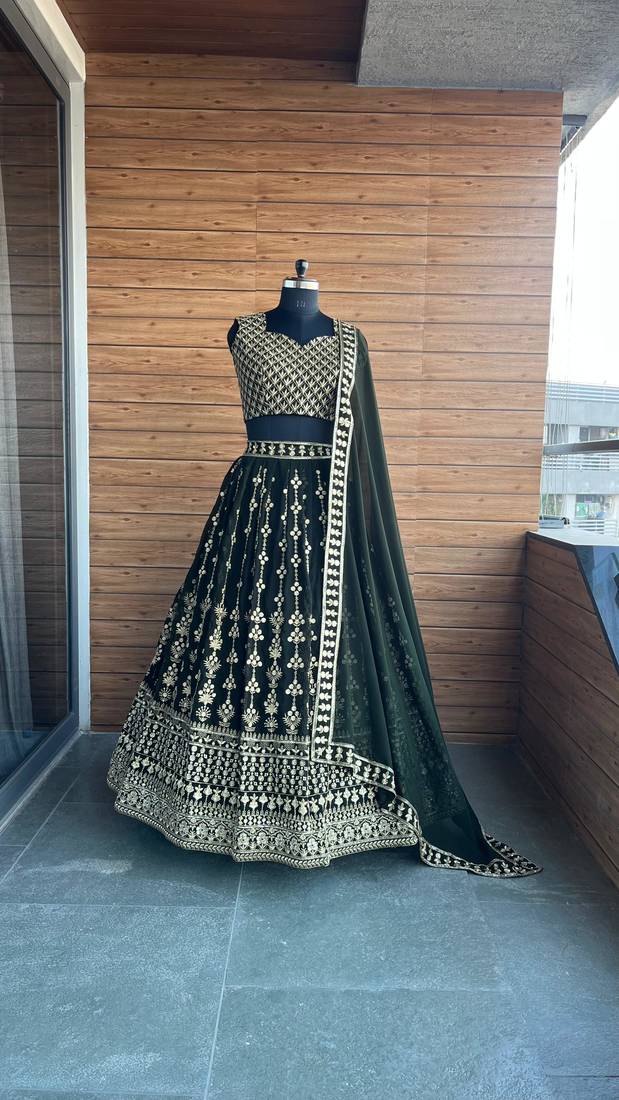 DARK GREEN SEQUin EMBROIDERed GEORGETTE LEHENGA WITH BLOUSE