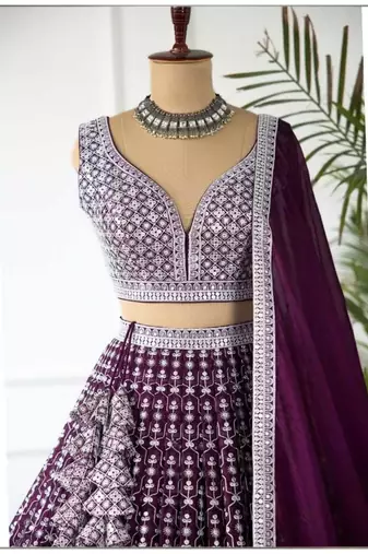 DARK MAGENTA SEQUENCE EMBROIDERY GEORGETTE LEHENGA WITH BLOUSE