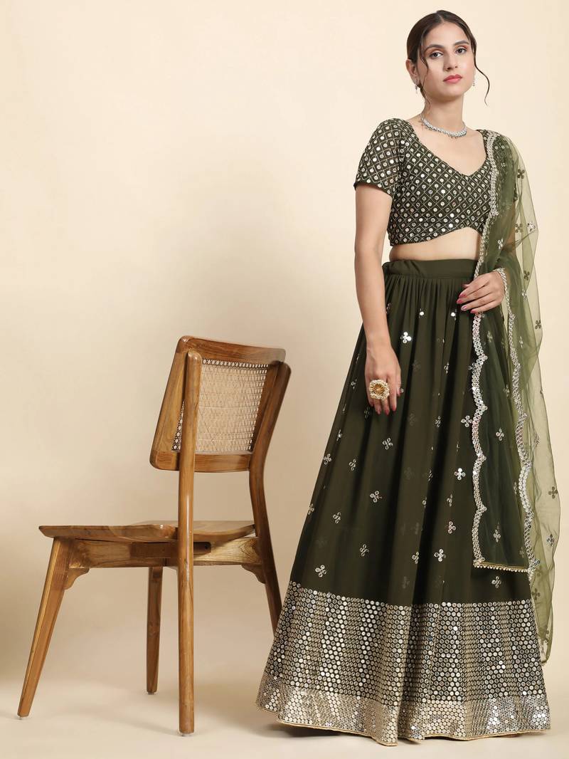 GREEN SEQUins work GEORGETTE ALLOVER LEHENGA CHOLI WITH BLOUSE