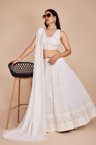 WHITE LAKHNAVI chikankari SEQUins WORK GEORGETTE LEHENGA CHOLI WITH BLOUSE