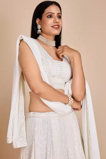 WHITE LAKHNAVI chikankari SEQUins WORK GEORGETTE LEHENGA CHOLI WITH BLOUSE