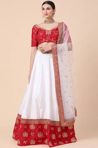 red and white silk satin emboidered LEHENGA CHOLI WITH BLOUSE