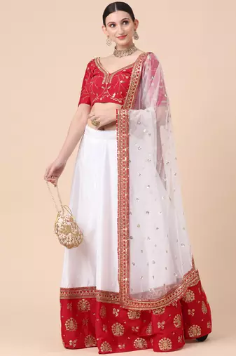 red and white silk satin emboidered LEHENGA CHOLI WITH BLOUSE