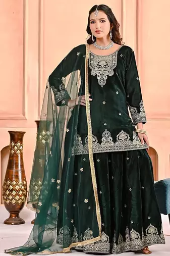 Dark-emerald velvet sharara ensemble