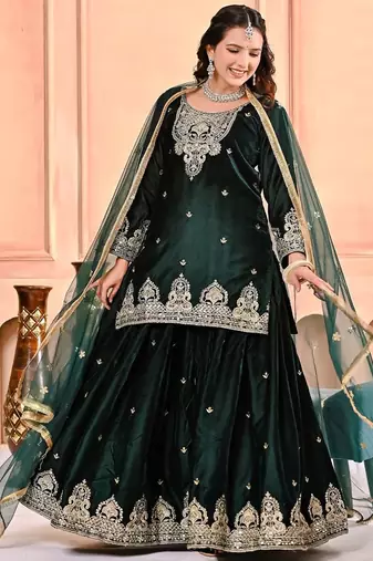 Dark-emerald velvet sharara ensemble