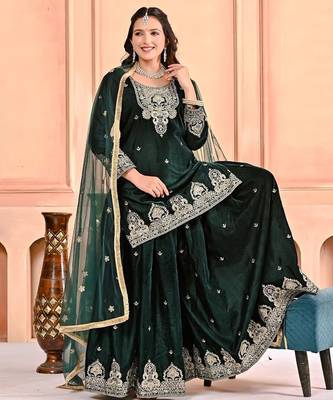 Dark-emerald velvet sharara ensemble 1
