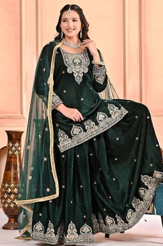 Dark-emerald velvet sharara ensemble