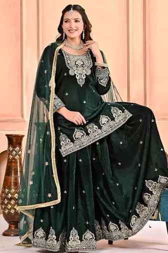 Dark-emerald velvet sharara ensemble