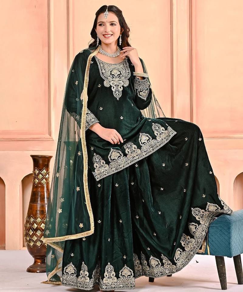 Dark-emerald velvet sharara ensemble