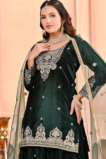 Dark-emerald velvet sharara ensemble