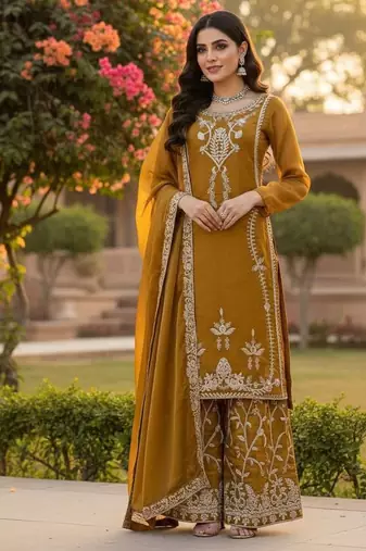 Mustard gold thread embroidered palazzo suit