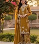 Mustard gold thread embroidered palazzo suit