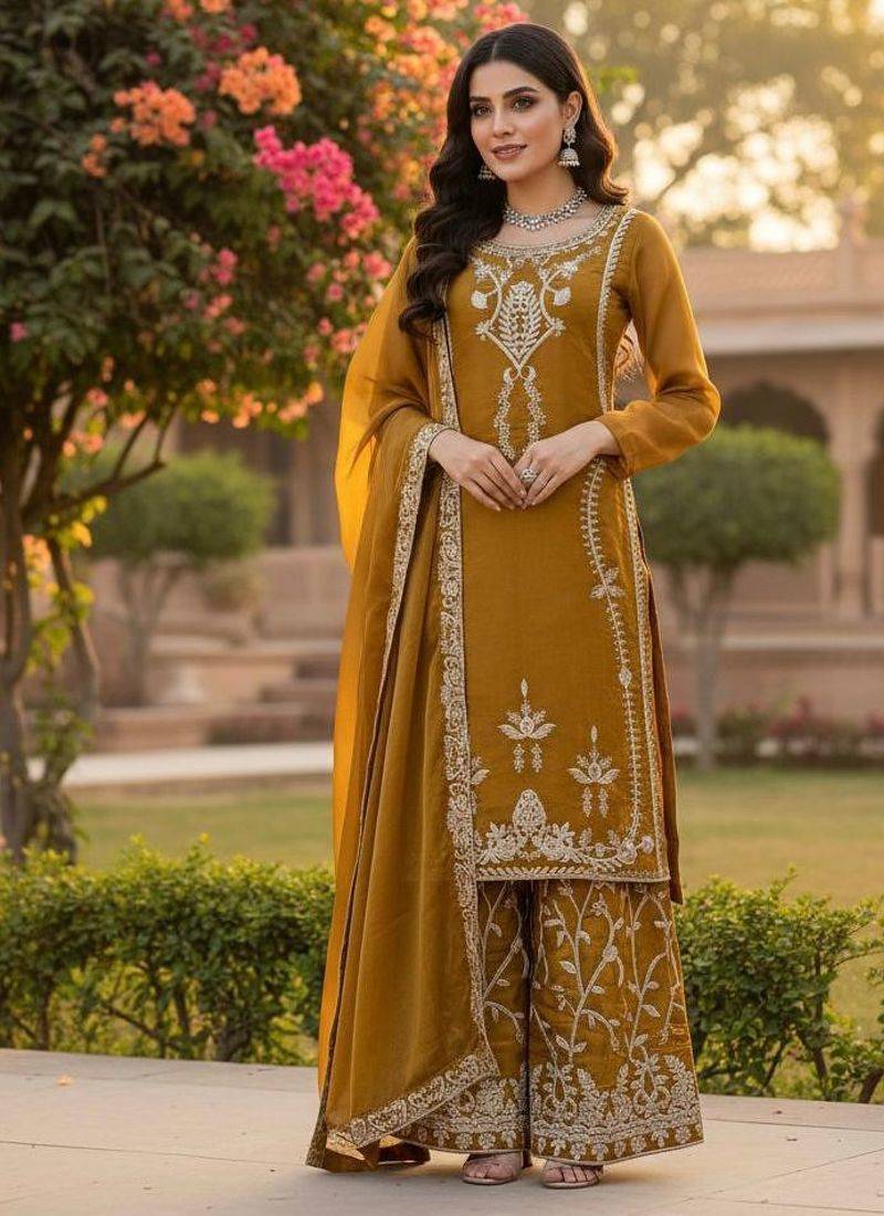 Mustard gold thread embroidered palazzo suit