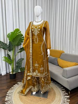 Mustard gold thread embroidered palazzo suit 3