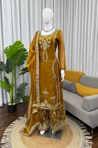 Mustard gold thread embroidered palazzo suit