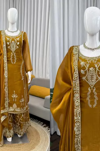 Mustard gold thread embroidered palazzo suit