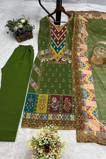 Green digital printed with real mirror-work kurta set