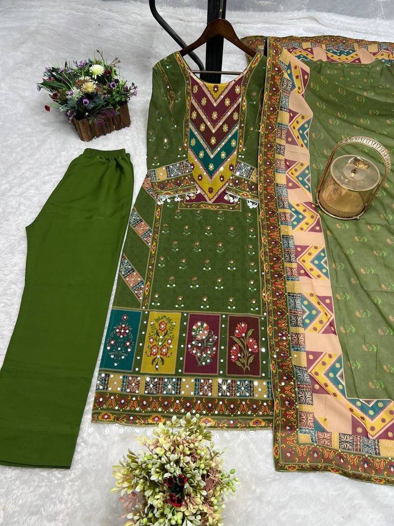 Green digital printed with real mirror-work kurta set