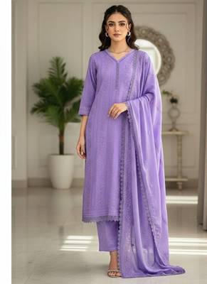 Lavender thread embroidered straight-cut kurta set 1