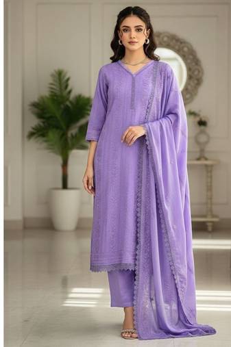Lavender thread embroidered straight-cut kurta set