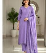 Lavender thread embroidered straight-cut kurta set