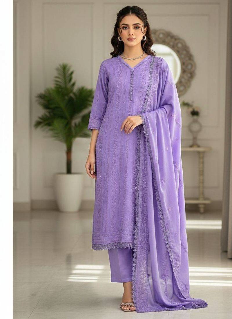Lavender thread embroidered straight-cut kurta set