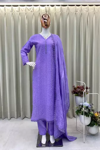 Lavender thread embroidered straight-cut kurta set