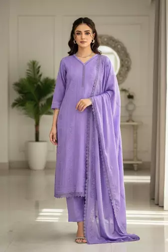 Lavender thread embroidered straight-cut kurta set