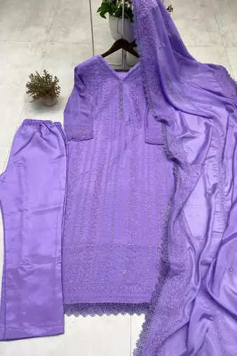 Lavender thread embroidered straight-cut kurta set