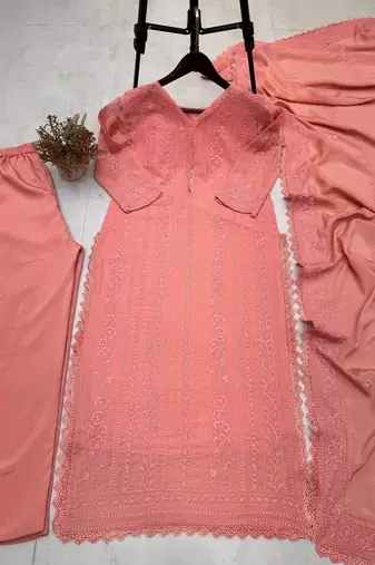 Peach thread embroidered straight-cut kurta set