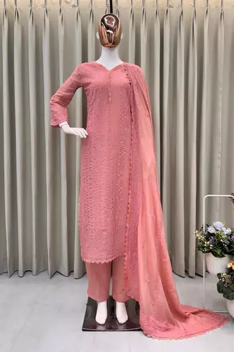 Peach thread embroidered straight-cut kurta set