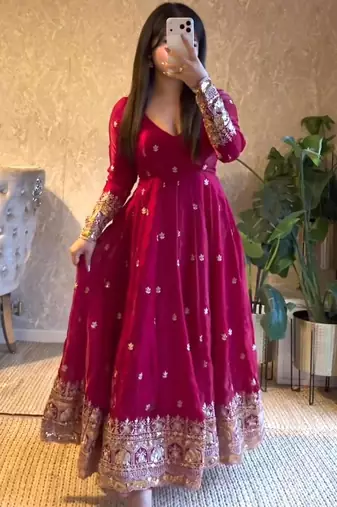 Rani-pink anarkali suit with embroidered sequins work