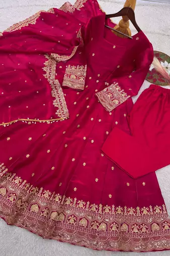 Rani-pink anarkali suit with embroidered sequins work