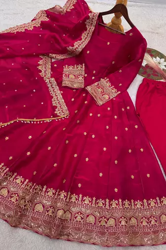 Rani-pink anarkali suit with embroidered sequins work