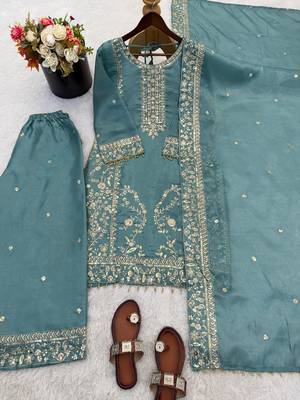 Teal blue gold thread embroidered palazzo suit 2